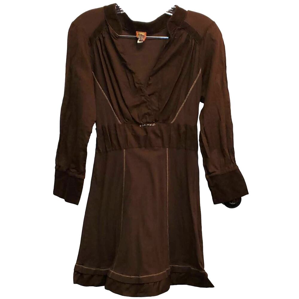 Burning Torch Brown V-Neck Hippie Festival Earthy Beaded Dress Size Medium